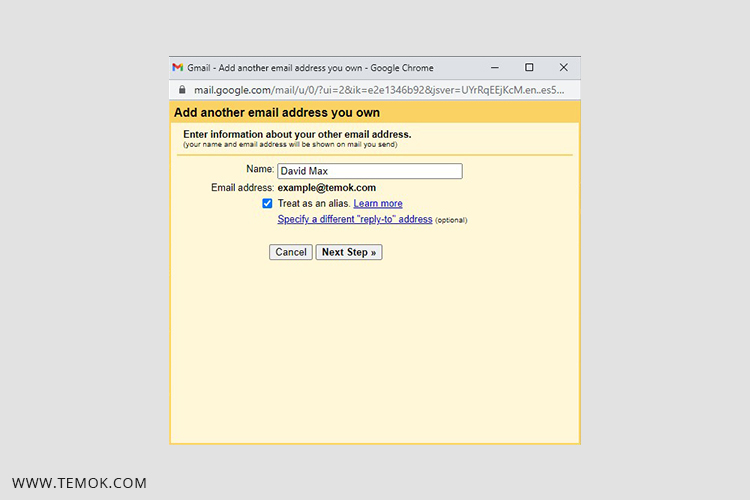 2. Confirm your name and treat your email as an alias.