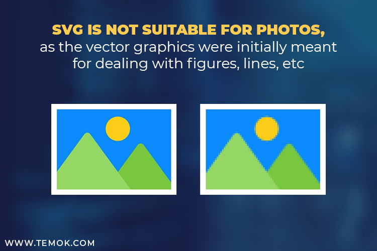 SVG is not suitable for photos, as the vector graphics were initially meant for dealing with figures, lines, etc.